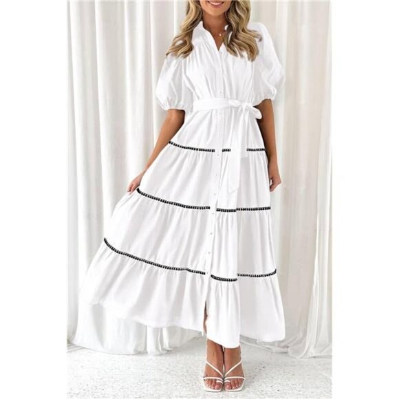 Women's Button Down Shirt Dress Short Puffy Sleeve Tiered Ruffle Flowy Long Maxi - Picture 5 of 6